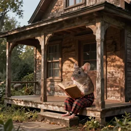 wide shot of a wooden house with a porch with a hyper realistic mouse in plaid pants sitting, reading a book, victorian style