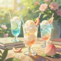 cold drinks, ice cream, peach embellishment, books and flowers, trending on studio ghibli, dreamy, soft, global illumination, radiant light, intricate environment, luminescence, highly detailed, 8 k