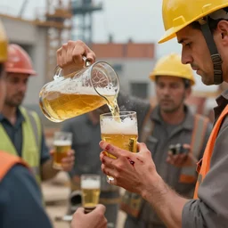 A digital painting of a construction worker pouring himself and his colleagues a glass of beer. Blood seeps from a small wound in his hand from a small accident earlier.