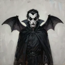 a vampire wearing a long black robe with large bat ears huge black eyes and gray skin, character art, painting by james c christensen