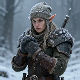 character art of a an elf warrior in a winter storm, wearing a warm knitted hat and mittens, dnd character art, world of warcraft, wow, fantasy concept art, highly detailed, intricate, by greg rutkowski