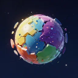 3 d render of a colorful sphere breaking to pieces in space