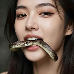 a woman with a snake in her mouth