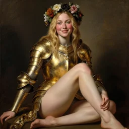 blushing, rugged sultry saoirse ronan, blonde hair, wearing gold armour, posing seductive, looking seductively, smiling, wearing ornate flower wreath, legs, oil painting by titian, hard focus