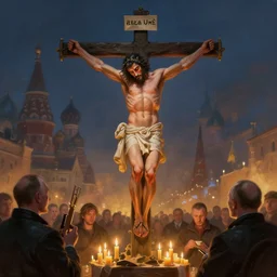 ukrainian people crucifying vladimir putin in moscow, lit by candles, digital painting, artstation, concept art, craig mullins, breathtaking, 8 k resolution, extremely detailed, beautiful, establishing shot, artistic, hyperrealistic, octane render, cinematic lighting, dramatic lighting, masterpiece, light brazen, extremely detailed and beautiful face