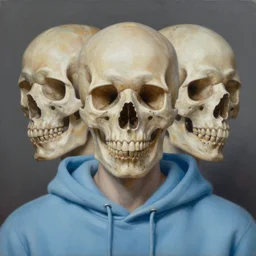 a beautiful, hyperrealism, oil painting symmetrical portrait of a bald skull wearing a light blue hoodie, in the style of james jebusa shannon, reisha perlmutter and eric zener : 5