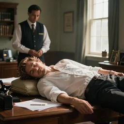 A man going into his private office in the morning to find a janitor lying on his desk sound asleep