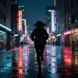 a silhouetted person with long, flowing hair runs through an empty neon - lit brutalist city in the rain, colored gel lighting, reflective surfaces, midnight, portra, film grain, high contrast, hyperdetailed, chromatic aberration, reminiscent of the umbrellas of cherbourg, dynamic pose