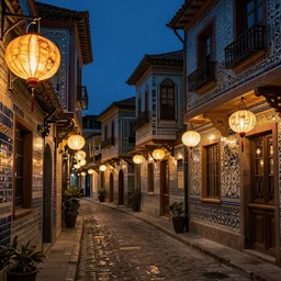 winding street at midnight in a very old very beautiful city by George Price Boyce and Vermeer and Maxfield Parrish, glowing paper lanterns, strong dramatic cinematic lighting , ornate tiled architecture, lost civilizations, smooth, sharp focus, extremely detailed