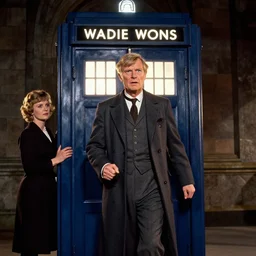 The Second Doctor stepping out of the Tardis with his companion Polly, colourised, high definition