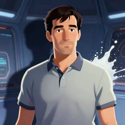 short adult man portrait, wearing a polo shirt, by don bluth, sci - fi environment, highly detailed, dynamic shadows, 4 k, splash art, artstation