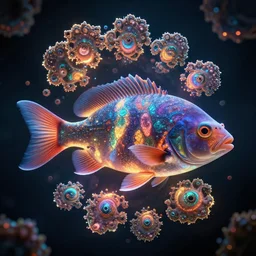 a hyperrealistic 3 d octane render of a fish populated by mandelbrot fractals, unreal engine, dramatic lighting, volumetric lighting, backlit, vray lighting, ray tracing, ultra detailed, photorealism, neon, glowing