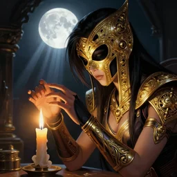 masterpiece of kitana from mortal kombat with beautiful hands close to a candle in dark room,  cinematic, powerful, moon beams dramatic light, highly, intricate gold elements, hollow souls, detailed, digital painting, artstation, concept art, sharp focus, illustration, art by artgerm and greg rutkowski and alphonse mucha