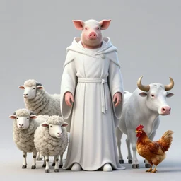 high intricate full shot of a anthropomorphic druid in a white diabolic robe, pig, sheep, wolf, bull, chicken, covered in blood, maria panfilova, andrea savchenko, mike kime, ludovic plouffe, qi sheng luo, oliver cook, makoto shinkai, trending on artstation