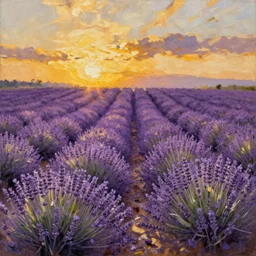 oil painting of lavender field, highly detailed, golden hour by rembrandt van rijn