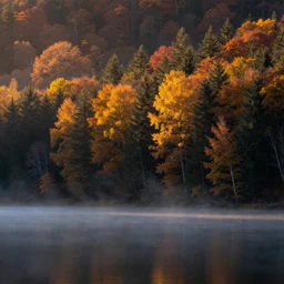landscape photography, marc adamus, forest, lake, mist, autumn, dramatic lighting, sunrise