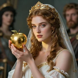 eris, greek goddess of chaos, holding an reflective gold!!! metal apple, goddess of chaos, in the trojan war, mk 1 1 volumetric lighting, perfect feminine beauty, beautiful face, bridal photography portrait victorian era y tooth wu and wlop and beeple and greg rutkowski wolfgang lettl, hints of yayoi kasuma, 8 k artstation, trending on