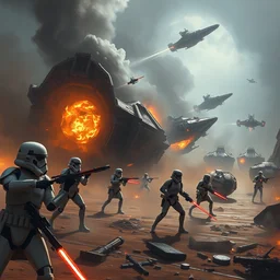 a painting of a cinematic keyframe of a star wars battle of stormtroopers, remains of starships with fire and smoke by greg rutkowski, rule of thirds, golden ratio, ambient lighting, wlop, artgerm, artstation, highly detailed masterpiece, dark fantasy art, high detail, trending on artstation