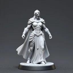 80mm resin detailed miniature of a Very muscular white woman, Queen of war, armor, iron mask and helmet, white long cloak, on textured base; Miniature Photos, 4K, Full body; Front view