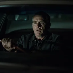 Film still depicting Ted Cruz as the Zodiac Killer in a 1960's car late at night with poor visibility, horror, eerie, fear