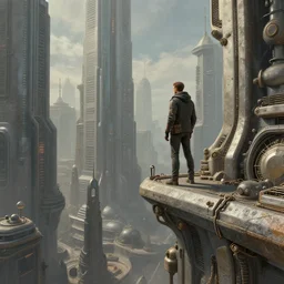 A futuristic cityscape with a man standing on a ledge, a detailed matte painting by Wadim Kashin, CGsociety, panfuturism, greeble, matte painting, Cryengine