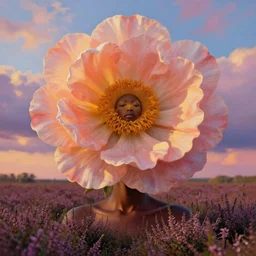 closeup, massive flower as head, african woman in heather field, surreal photography, golden hour, colorful clouds, impressionist painting, digital painting, artstation, simon stalenhag