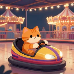 an orange cat playing bumber cars, theme park, carnival, lights, illustration, digital art