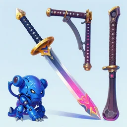 game asset of japanese weapon sword and guns utensils infused with zerg hydralisk, in gouache detailed paintings, props, stylized, 2 d sprites, kitbash, arcane, overwatch, blue and pink color scheme, 8 k, close up