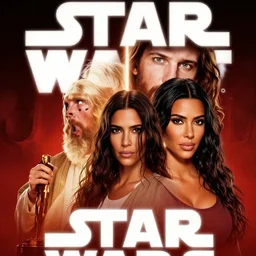 super detailed star wars movie poster with Jesus Christ and kim kardashian, 8k full HD photo, cinematic lighting, anatomically correct, oscar award winning, action filled, correct eye placement,