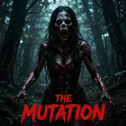 A horror movie poster called the mutation, scary, body horror.