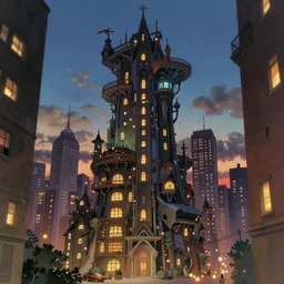 the city that never sleeps, lights, mythology, fairy tale, urban landscape, evening, highly detailed, low angle view, studio ghibli, artstation, in the style of aetherpunk