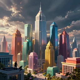 a lucid dream of colorful skyscrapers in an unknown future with assassins'on rooftops