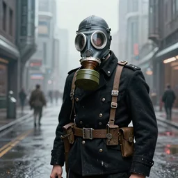 portrait of futuristic world war 1 soldier with gas mask, black clothes, futuristic city street, dripping paint, craig mullins, ash thorpe, fibonacci rhythm ar
