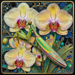 majestic colorful orchid mantis enamel by leon bakst and yoshitaka amano, cloisonne, iridescent, black opals, beautiful hyperdetailed art nouveau orchids, james jean, amanda sage, ultrasharp photorealistic octane render
