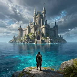 a beautiful photo realistic still image looking across a crystal clear sea at stormwind castle from the warcraft movie, by greg rutkowski and kalin popov, trending on artstation, masterpiece,