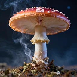 amanita muscaria smoking weed with orlen logo on forehead, hyperreal, ethereal, realistic, space background