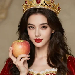 hyper realistic portrait of a beautiful women queen holding in a hand big juicy apple