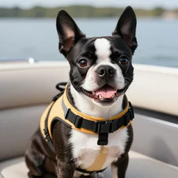 a closeup photorealistic photograph of a cute smiling knitted boston terrier dog dressed in a life vest on a pontoon boat. professional capture, well lit shot. this 4 k hd image is trending on artstation, featured on behance, well - rendered, extra crisp, features intricate detail, epic composition and the style of unreal engine.