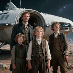 sharp, highly detailed, film from a blockbuster sci fi 4 k color movie, set in 1 8 6 0, family standing outside a spaceship on a strange alien planet, looking happy, wearing 1 8 5 0 s era clothes, atmospheric lighting, in focus, reflective eyes, 3 5 mm macro lens, live action, nice composition, good photography