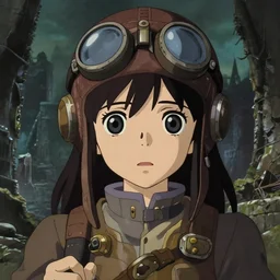 a film still of a cute big eyes sad dieselpunk archeologist, aviator, witch girl, finely detailed features, closeup at the faces, dramatic cinematic, at ruins city, gapmoe yandere grimdark, trending on pixiv fanbox, painted by greg rutkowski makoto shinkai takashi takeuchi craig mullins, alphonse mucha, studio ghibli, pixiv