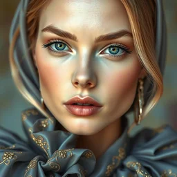 close up of face of a fashion model in luxury dress, pastel shades of light blue and light gold, by francoise nielly, by van gogh, official valentino editorial, highly detailed