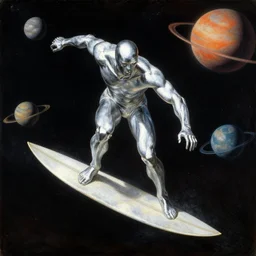 silver surfer surfing by planets in space. action shot. pulp sci - fi art for omni magazine. high contrast. baroque period, oil on canvas. renaissance masterpiece.