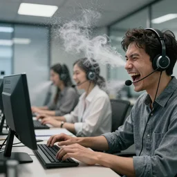 hyper realistic photo of the interior of a call centre, a weathered young man, women, laughter and screaming face, feedback loop, burst of powders, spraying liquid, volumetric lighting, twisting vapour, bellowing dust, full colour, upscale, 8 k
