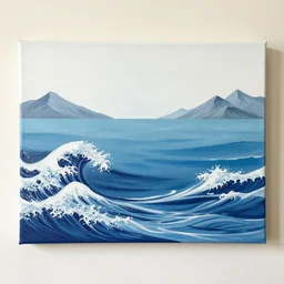 painting of waves in the ocean with mountains in the corners, canvas, acrylic paint, by roy liechtestein, by katsushika hokusai, isometric, 4 k, ultra - hd