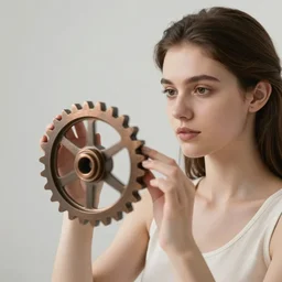 A beautiful girl makes bronze gear, 50mm photo, soft light, highly detailed, motion blur, trending on artstation, balanced composition
