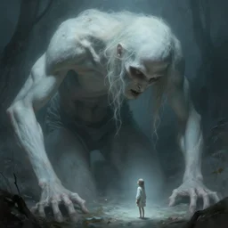an immense beautiful terrifying pale humanoid giant bends down to look at a tiny human. ethereal horror fantasy art by greg rutkowski
