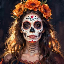 Illustration of a sugar skull day of the dead girl, art by marcel duchamp