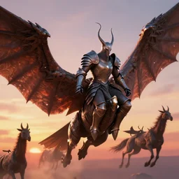 flying nazgul, in iron armor on winged creatures, cinematic lighting, sunset, octane render, 3 d pixar disney digital cgi rtx hdr painting, highly detailed, artstation cgsociety masterpiece, by syd mead, greg rutkowski, wlop, artger