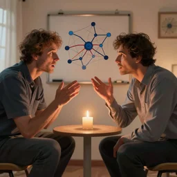 two men arguing about neural networks in small room lighted by candles. highly detailed art by trevor brown