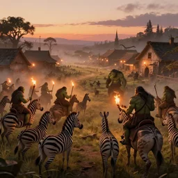 an army of orcs riding zebras preparing to invade a local village at sunset, warm light from torches, foggy and creepy atmosphere, sharp, Rendered in Unreal Engine 5, anime key art by Greg Rutkowski, Craig Mullins, Bloom, dramatic lighting, 8k, trending on artstation